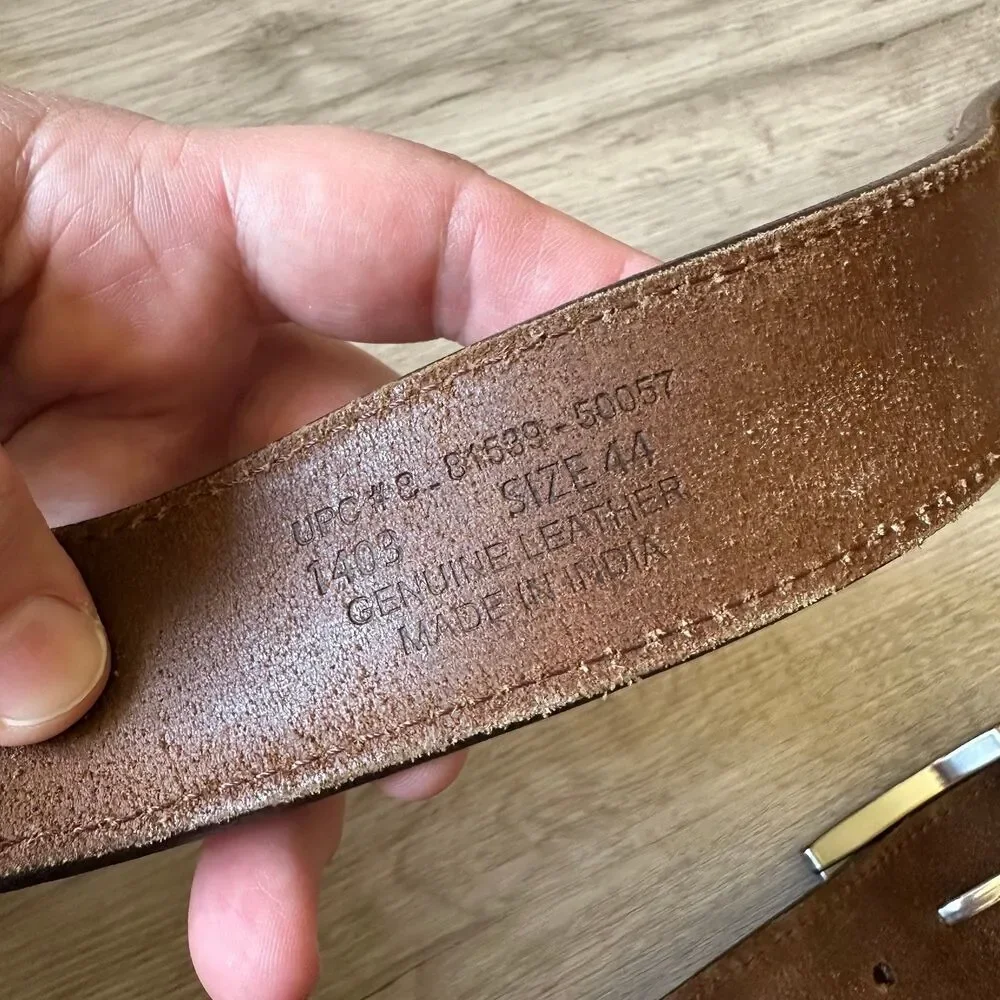 Dark Brown Men's Textured Genuine Leather Belt with Heavy Silver Buckle Size 44